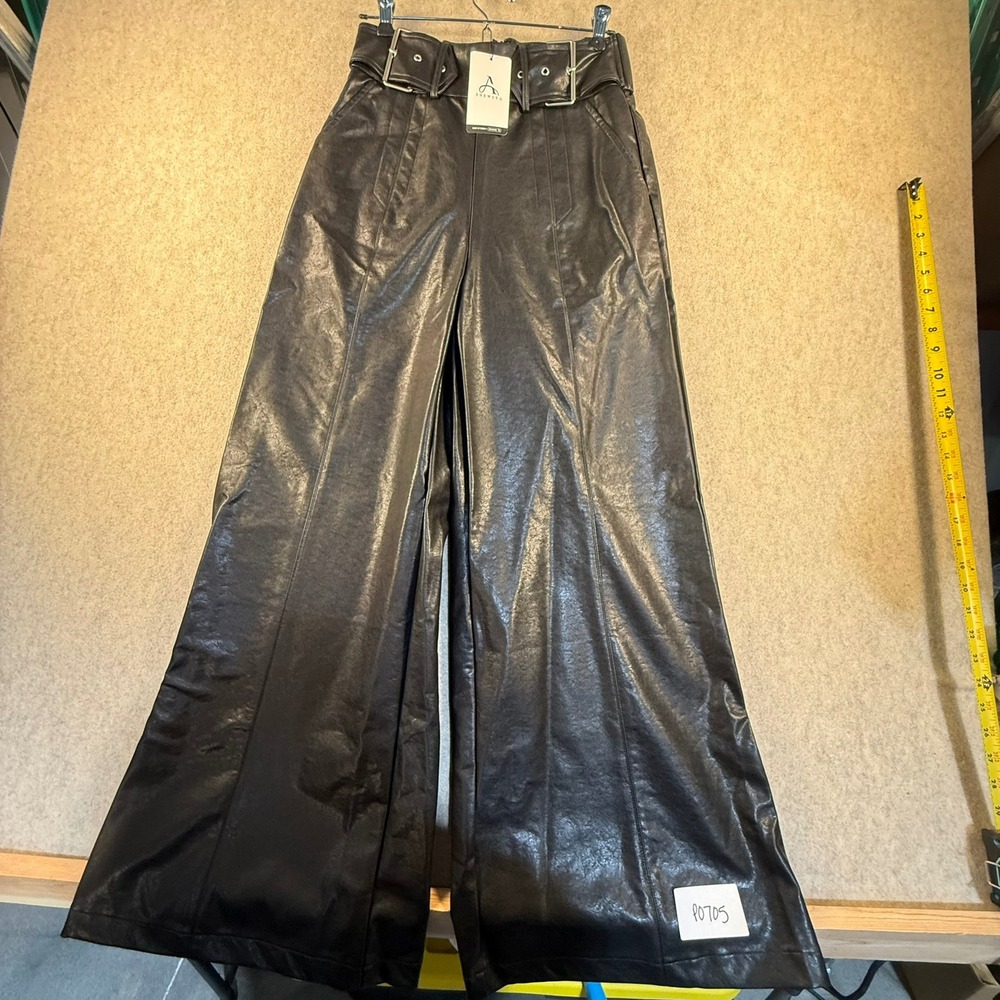 Anewsta Black Faux Leather Wide Leg Pants Belted High Waist Trousers Sz S 4
